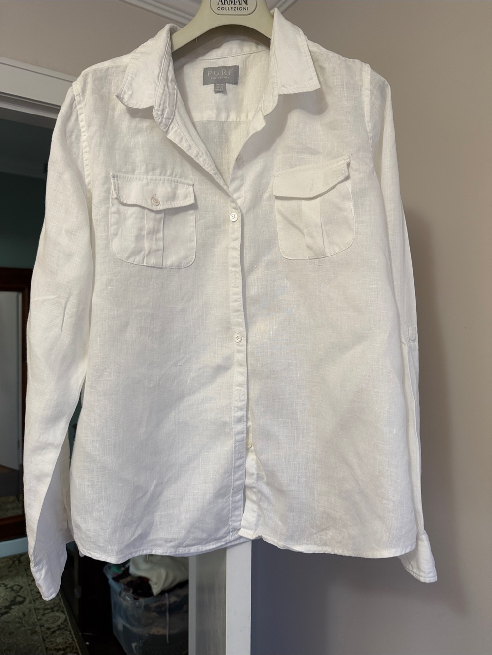 Pure Collection linen white Button-Front Linen Top long sleeve size 12